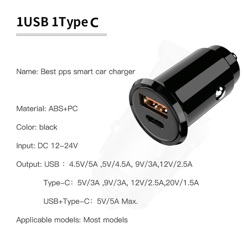 30W Fast Charging Car Quick Charger PD3.0 USB Type-C Cigarette Lighter Adapter