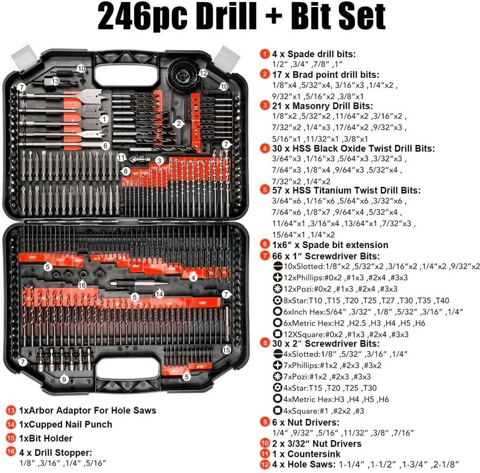 246pcs Drill Bit Set Tool Combination Kit Woodworking Flat Drill Bits