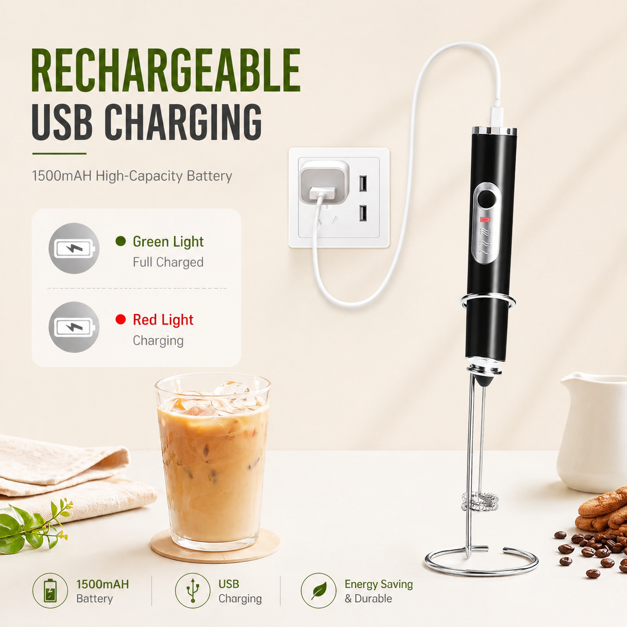 USB Rechargeable Milk Frother Handheld Coffee Foam Maker 3 Speed Electric Whisk