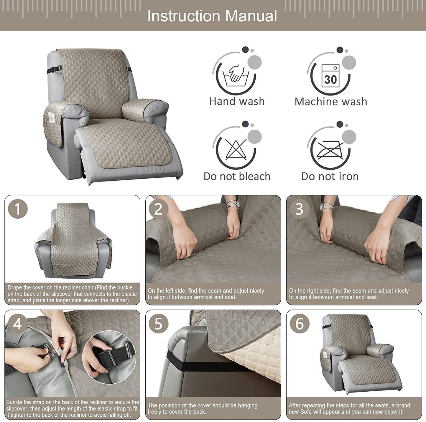 100% Waterproof Recliner Chair Cover with Non Slip Strap Slip Cover for Recliner