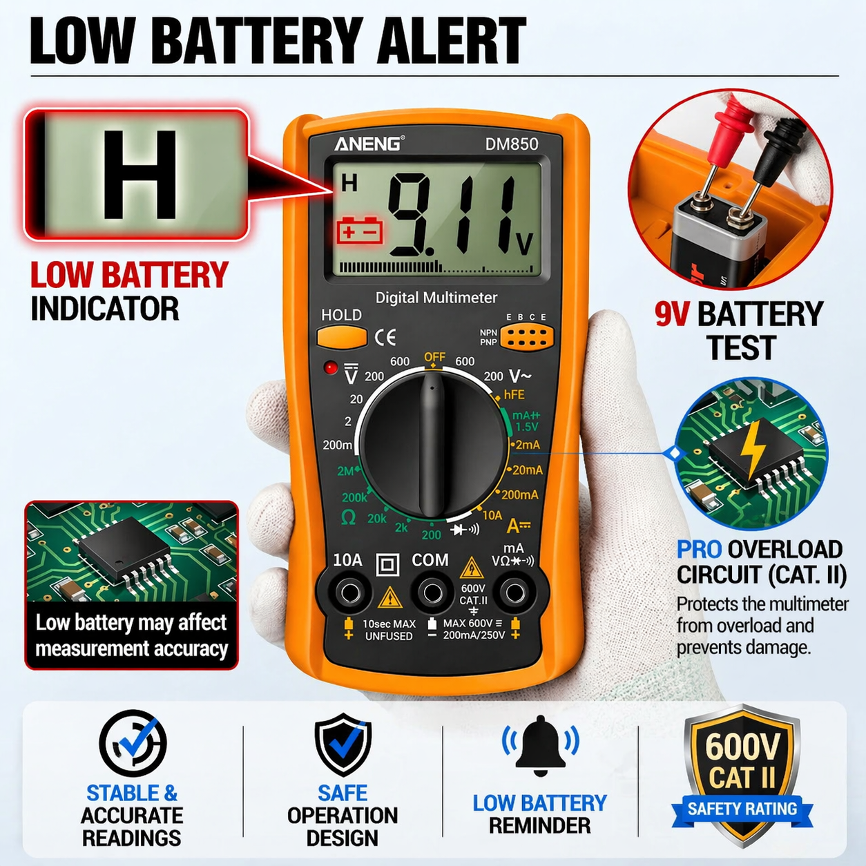 LCD Digital Multimeter Ammeter Voltmeter Ohmmeter AC DC Tester Leads Meter