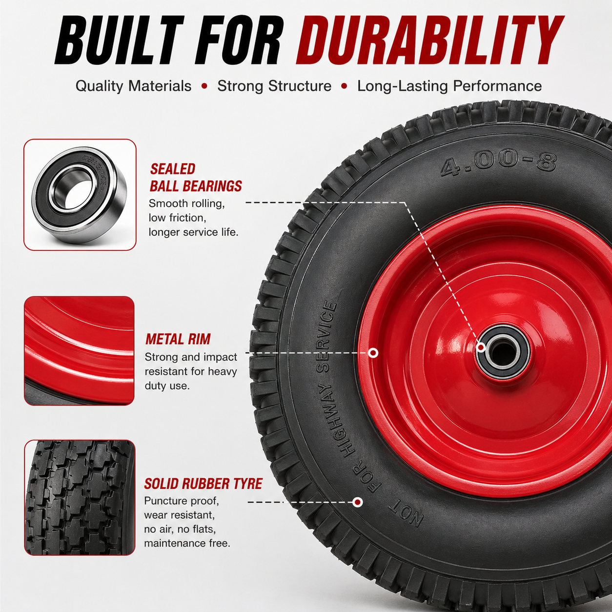 16" Wheelbarrow Trolley Wheel 4.80/4.00-8 Puncture Proof Solid Rubber Tyre