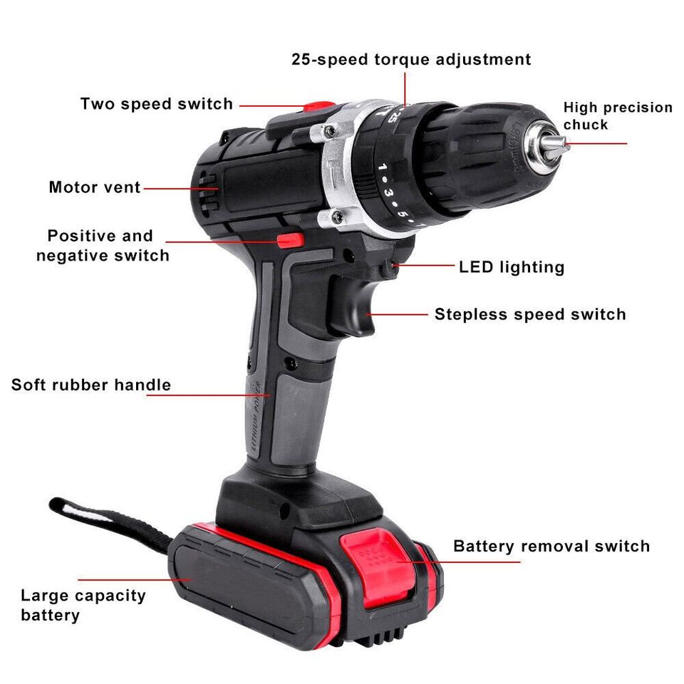 Electric Cordless Drill Driver Tools Screwdriver Set with /2 Lithium Batteries