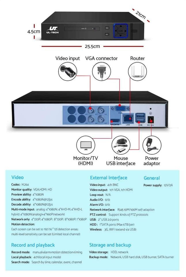 Home CCTV Camera Security System 4CH DVR 1080P Outdoor Long Range Kit