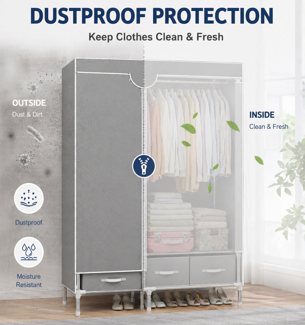 Rolling Door Wardrobe with Hanging Rack Non-woven Fabric Storage Organizer