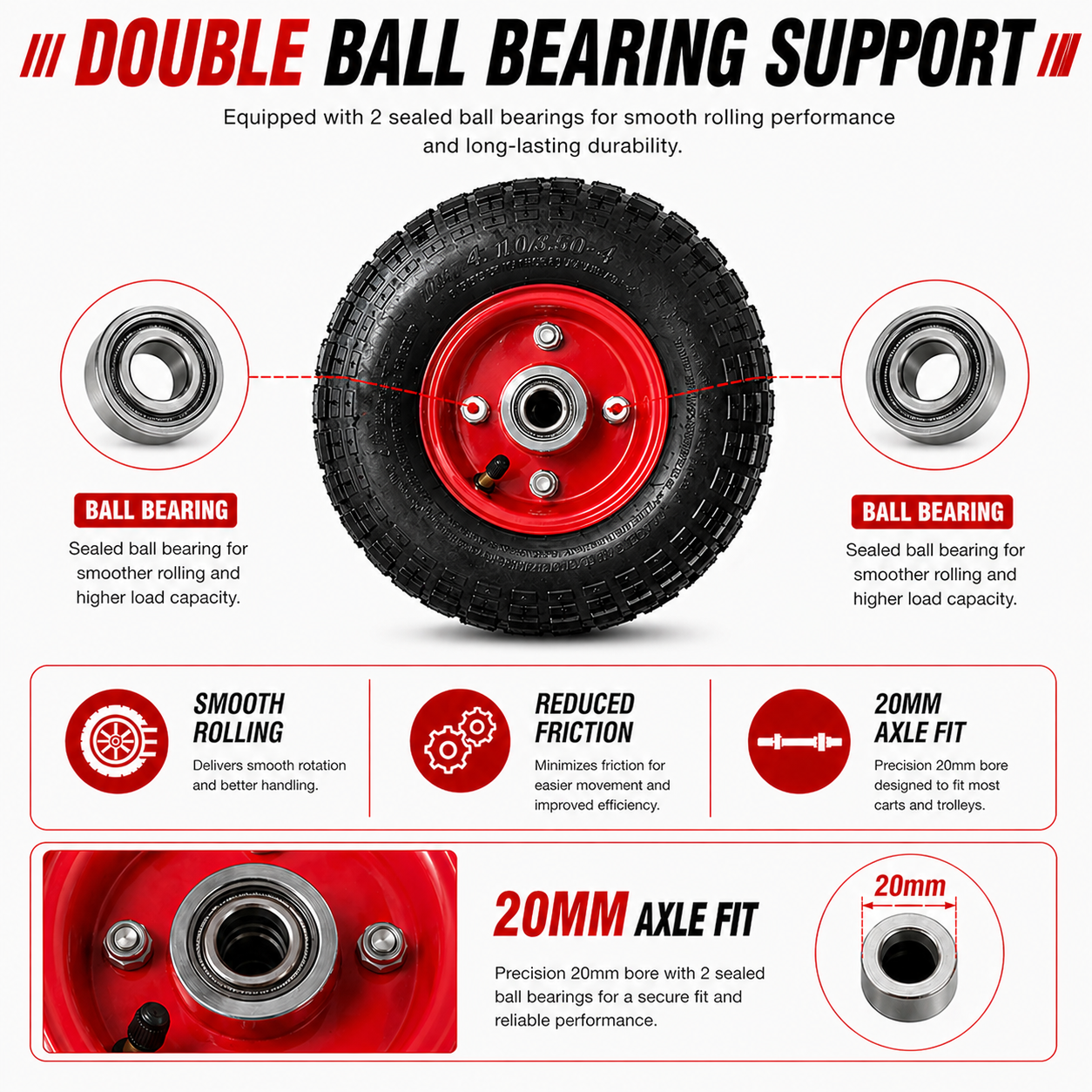 2 X 10" HAND TROLLEY WHEEL PNEUMATIC AIR 3.50-4 HEAVY DUTY DOUBLE HUB 20MM