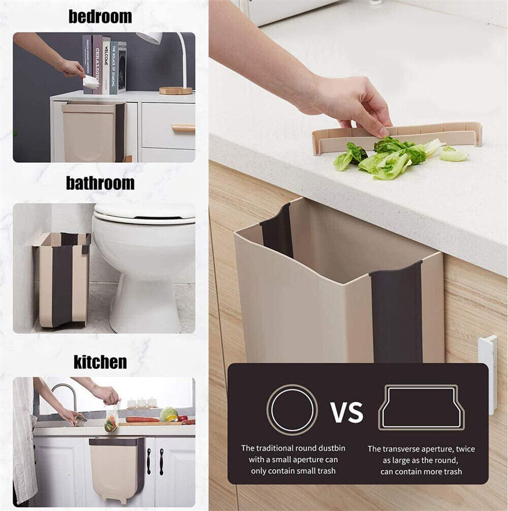 9L Foldable Hanging Trash Can Kitchen Cabinet Door Waste Bin Cupboard Basket AU