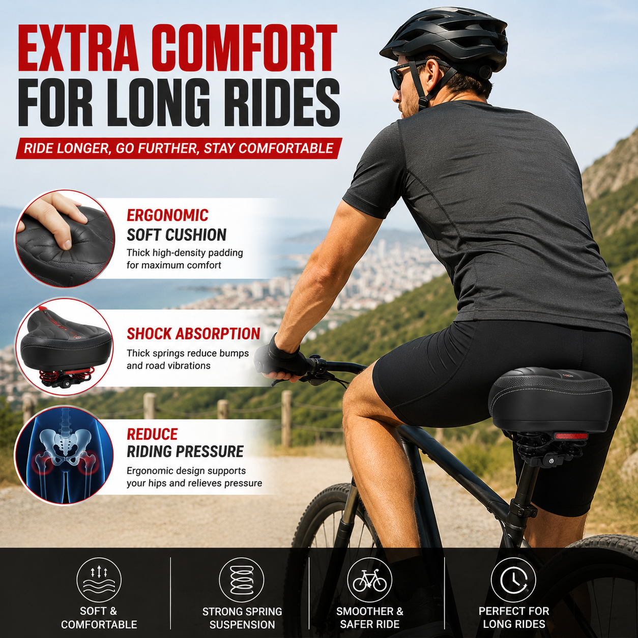 Wide Big Bum Bike Bicycle Gel Cruiser Comfort Saddle Seat Sporty Soft Cushion