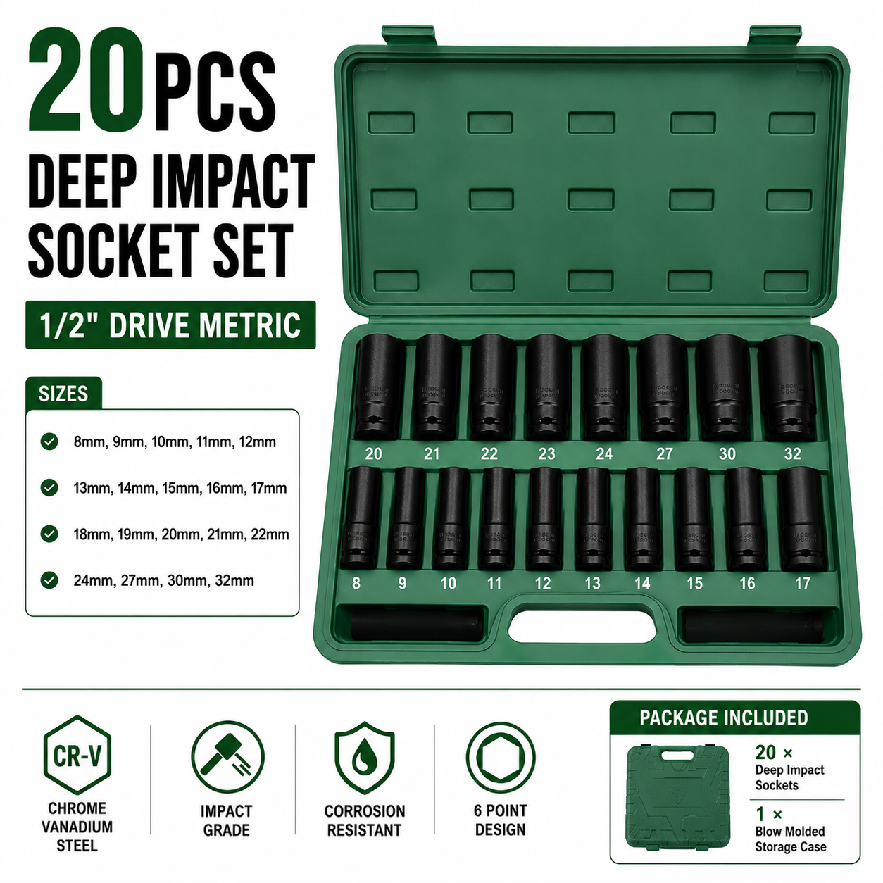 20PCS 8-32MM 1/2" Drive Deep Impact Socket Set CR-V Steel Metric Sockets Long AU