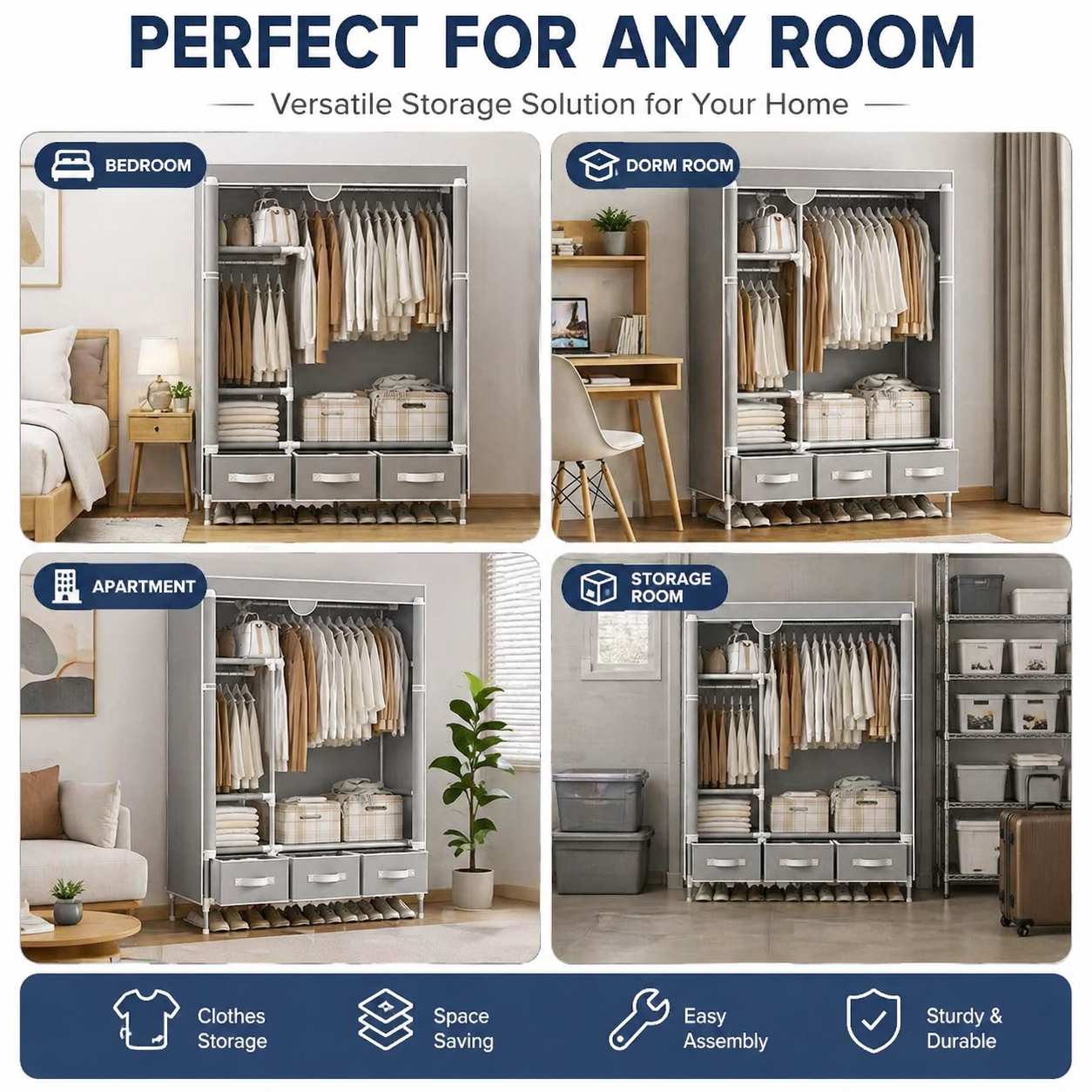 Rolling Door Wardrobe with Hanging Rack Non-woven Fabric Storage Organizer