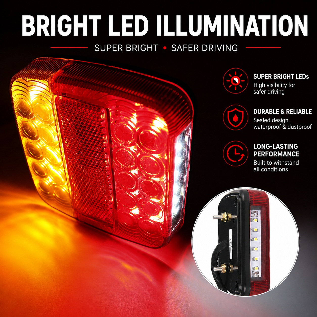 2x 12V Square LED Tail Lights Stop Reverse Indicator Trailer Boat Ute