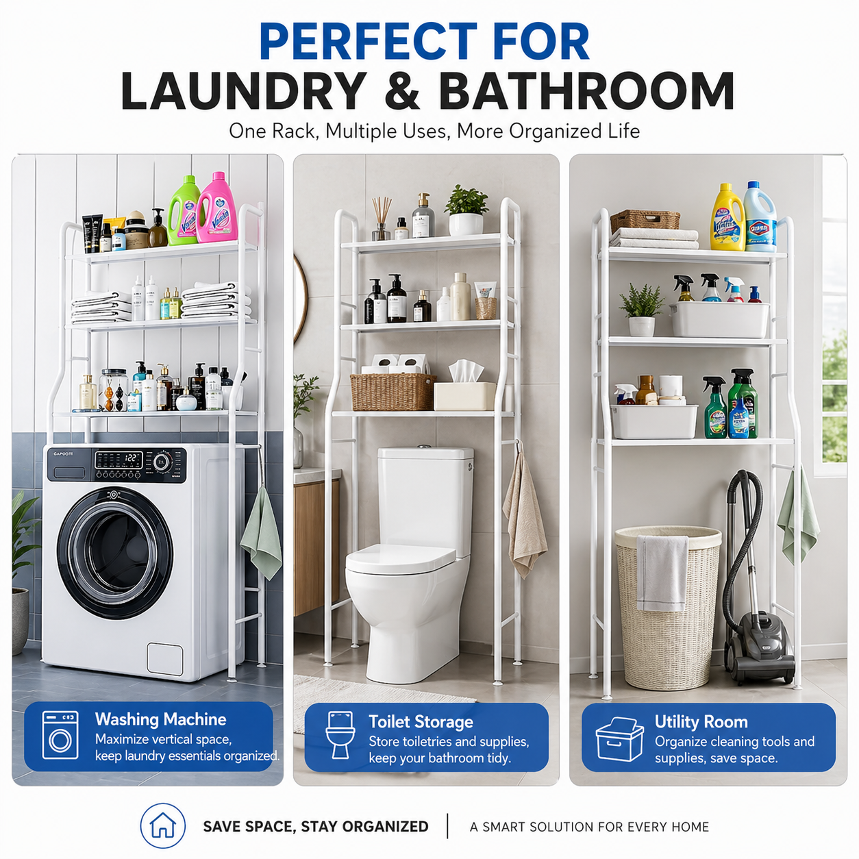 3 Tier Over Washing Machine Storage - Bathroom Laundry Toilet Shelf