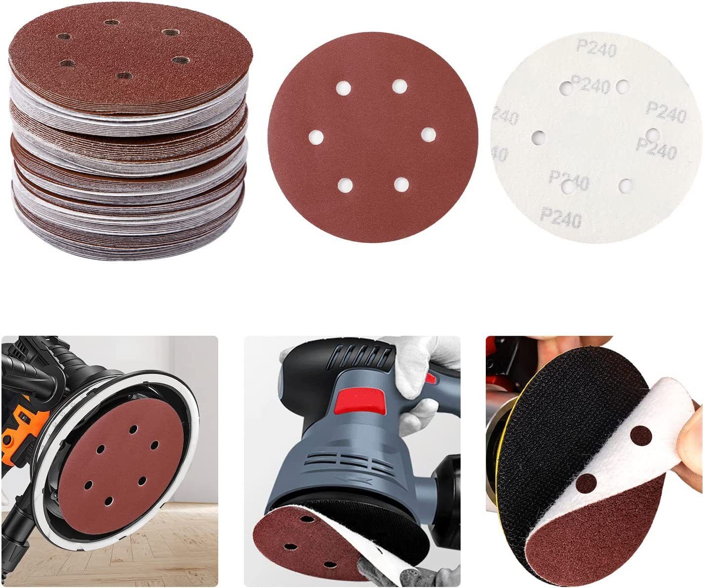 210PCS 6" Sanding Discs 60 80 100 150 180 120 240 Mixed Grit Orbital Sander Pads