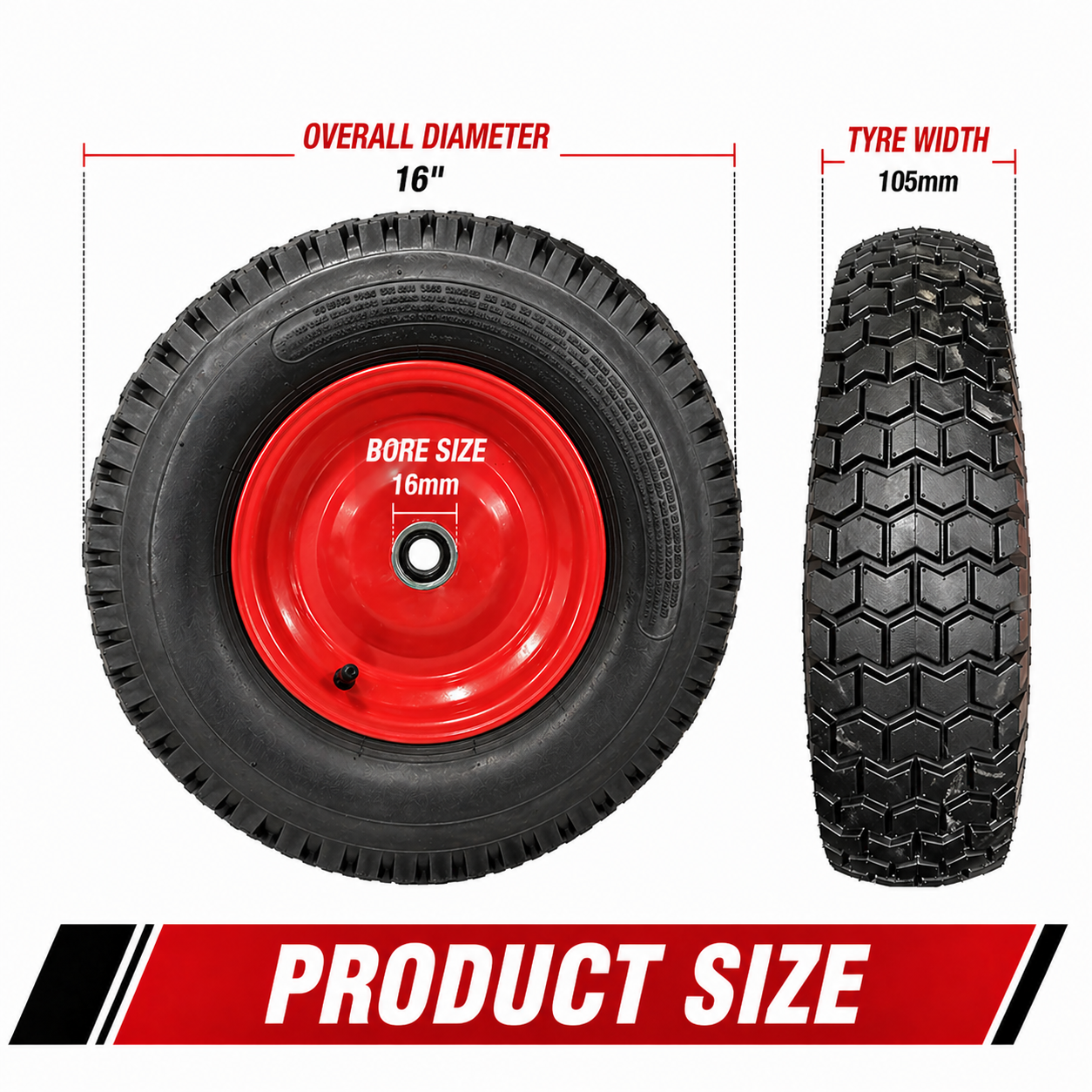 16" Wheelbarrow Trolley Wheel 4.80/4.00-8 Pneumatic Tyre 16mm Bore Tire Steel