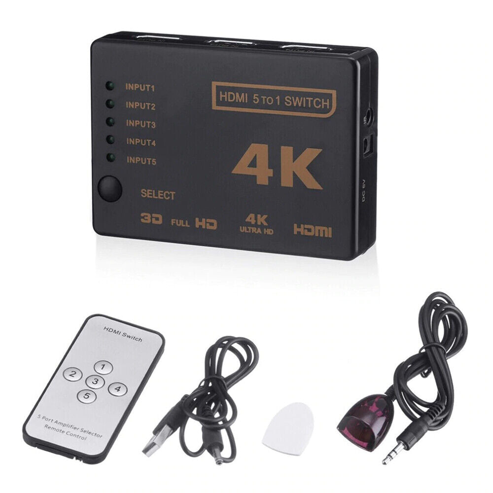 4K Ultra HD HDMI Switch Splitter HDTV Auto 5 Port IN 1 OUT Remote Control 1080P