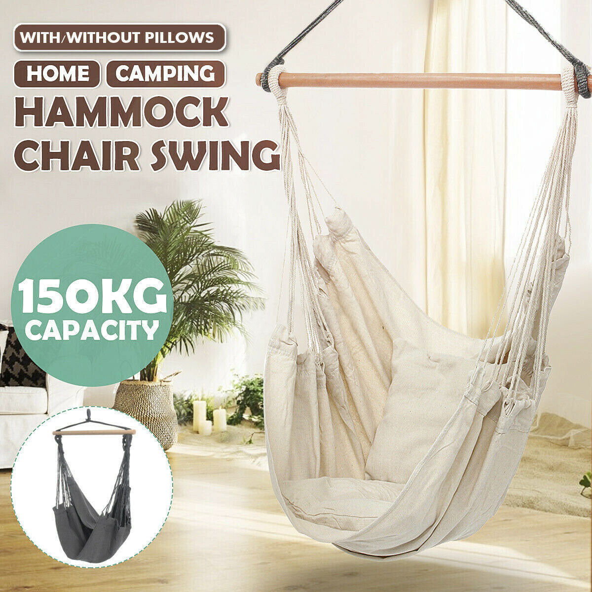 Portable Hanging Hammock Chair Swing Garden Outdoor Camping Soft Cushions New