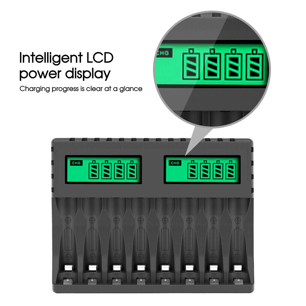 8 Slot Smart Battery Charger for AA/AAA Rechargeable Batteries LCD Display AU