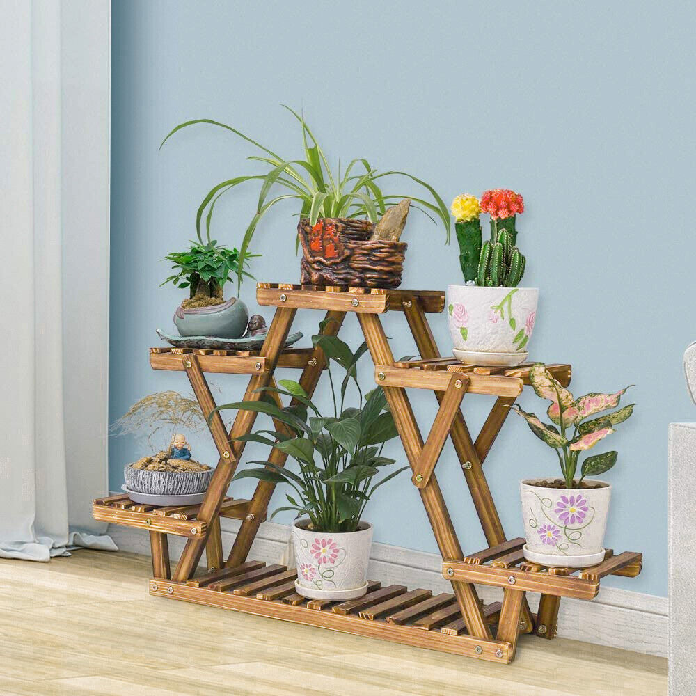 Heavy Duty Pine Wood Plant Stand Triangle In-Outdoor Flower Succulent Pots Shelf