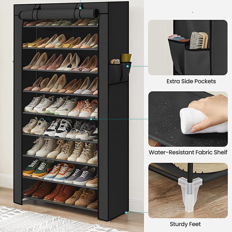 Portable 10 Tier Shoe Rack Storage Cabinet Organiser Wardrobe Cover