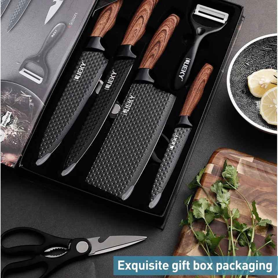 6 PCS Chef's Knife Set Stainless Steel Cleaver Scissors Peeler Kitchen Knives