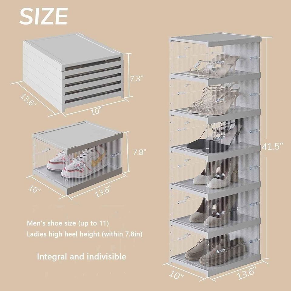 6 Layer Shoe Box Storage Case Clear Boxes Foldable Stackable Transparent Organizer for Size 48