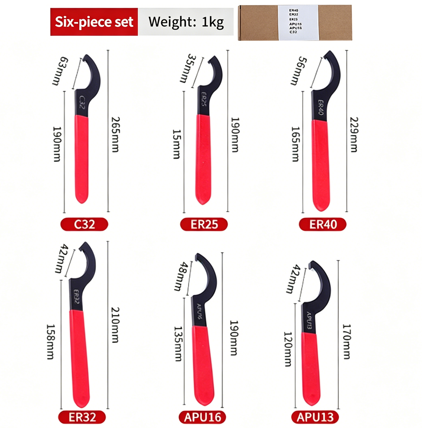 6pc ER Collet Chuck Wrench Set J-Shape Crescent Hook Spanner CNC Lathe Tool Kit