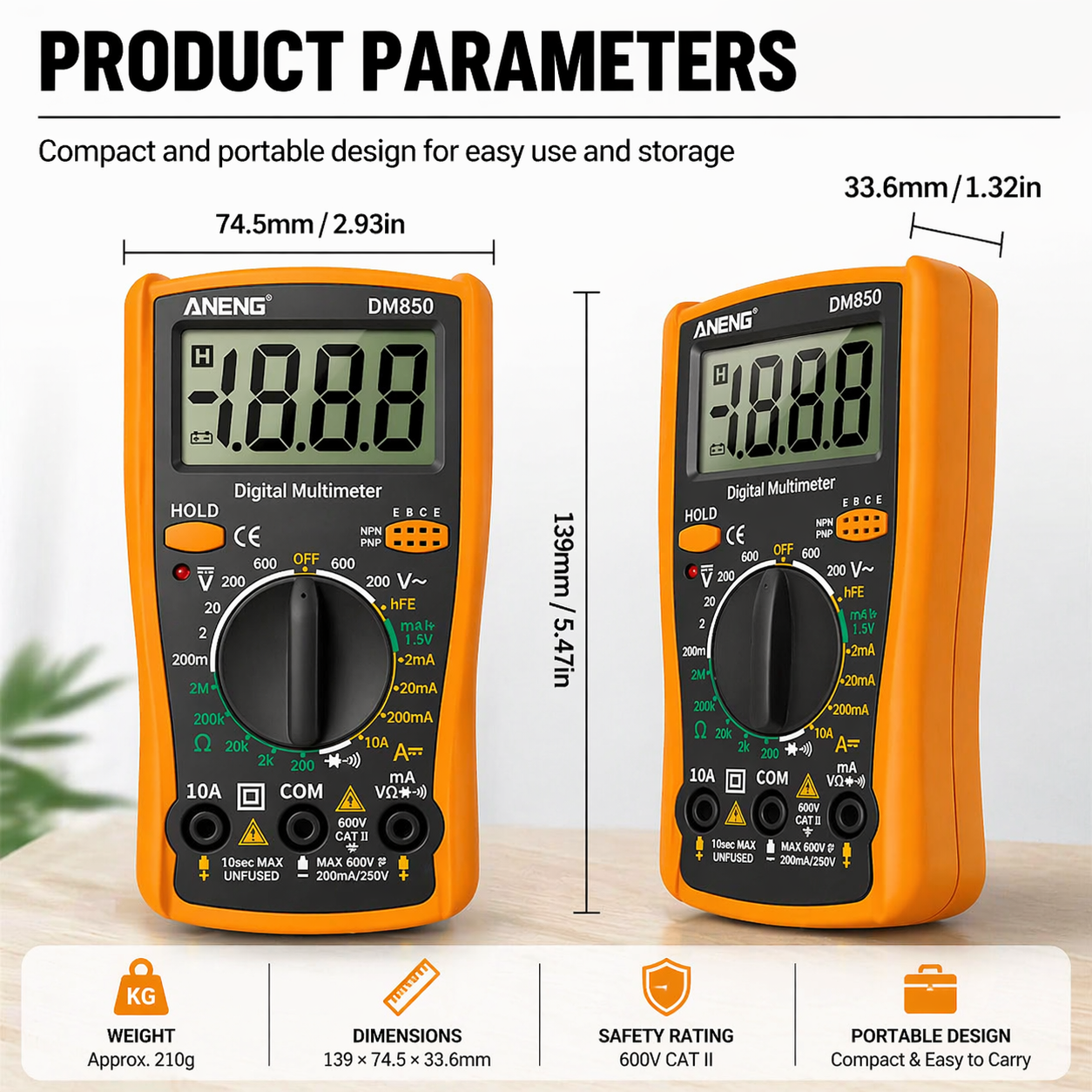 LCD Digital Multimeter Ammeter Voltmeter Ohmmeter AC DC Tester Leads Meter
