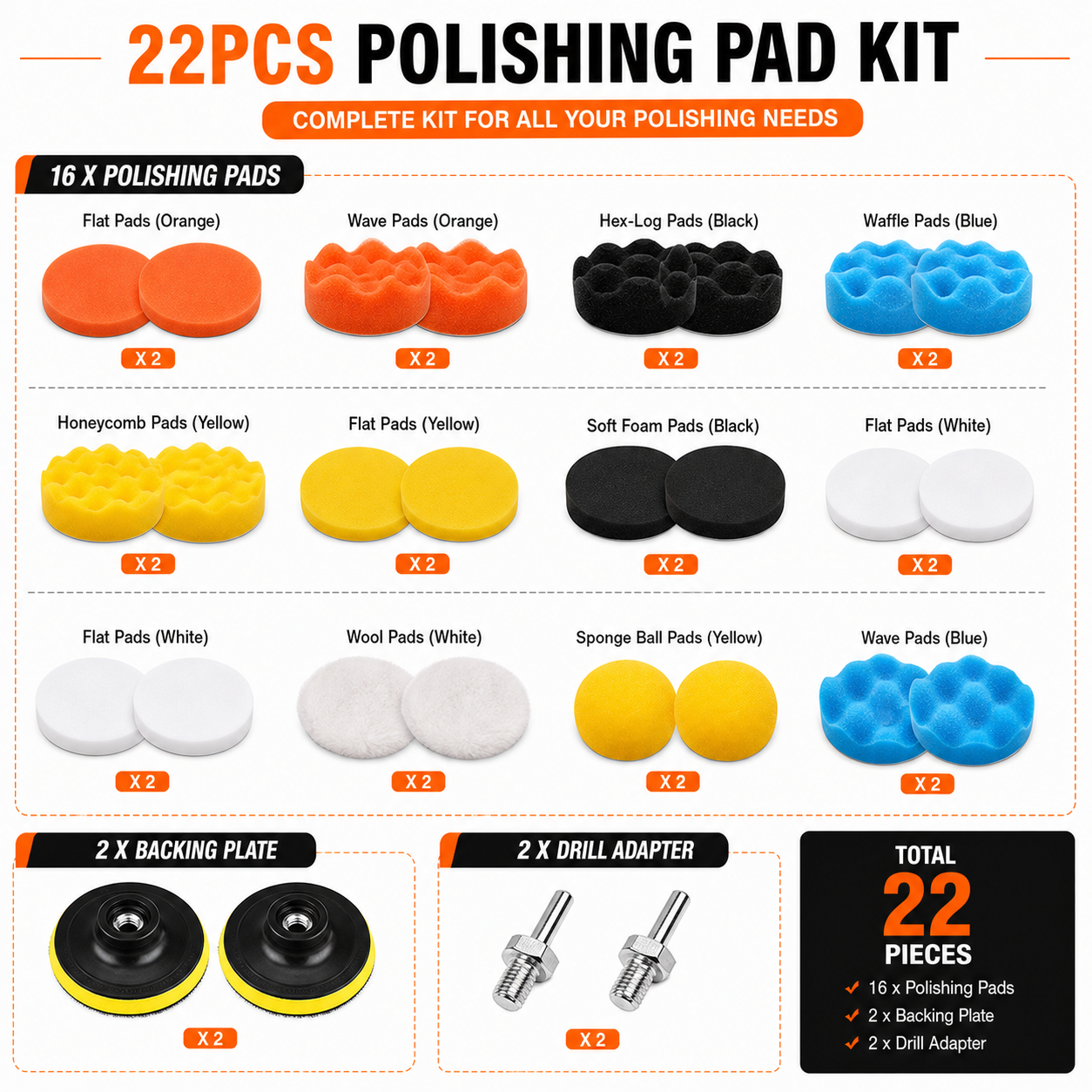 22pcs 3" Buffing Waxing Polishing Sponge Pads Kit Set For Car Polisher Drill