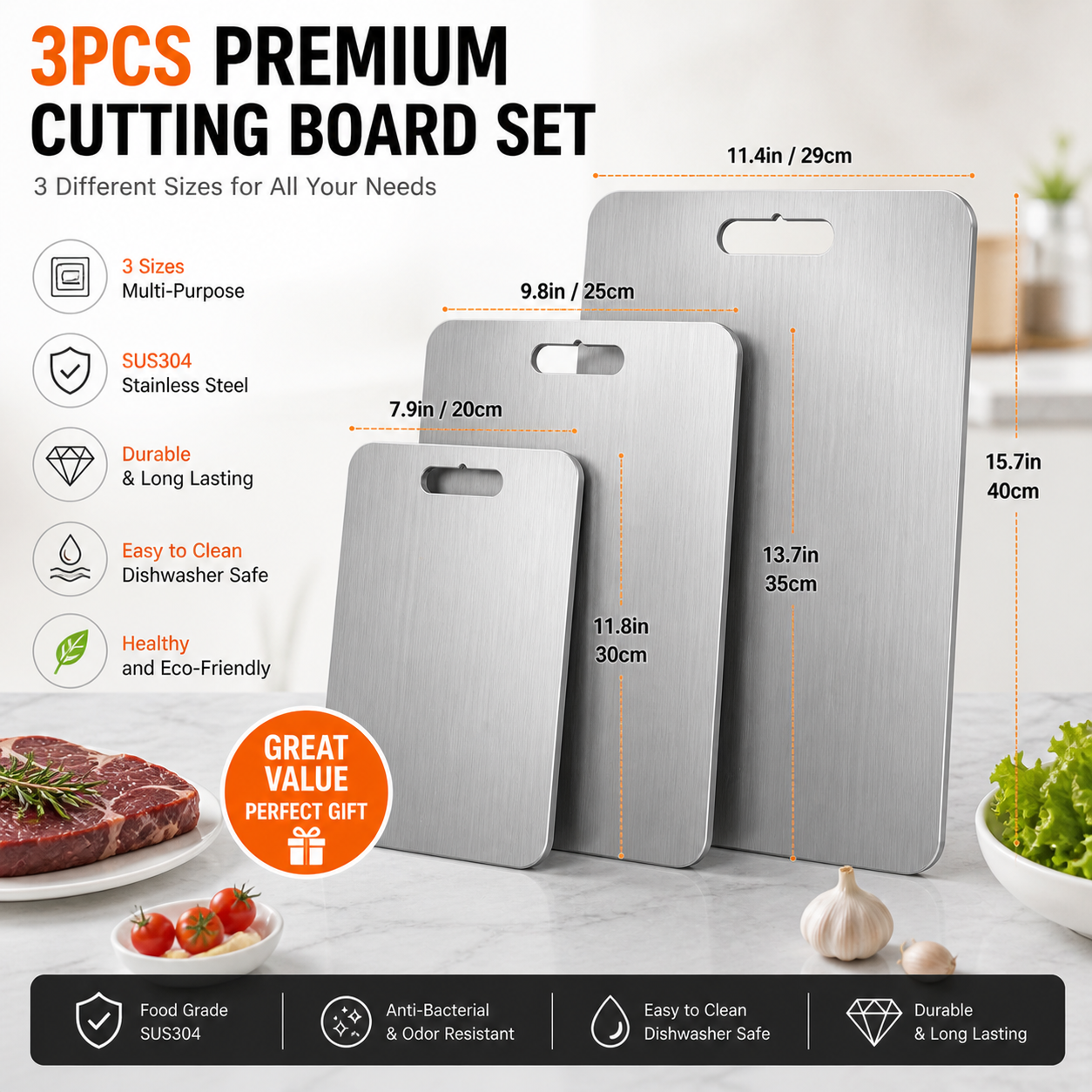 3PCS Metal Cutting Board Set Double Sided Kitchen Chopping Boards