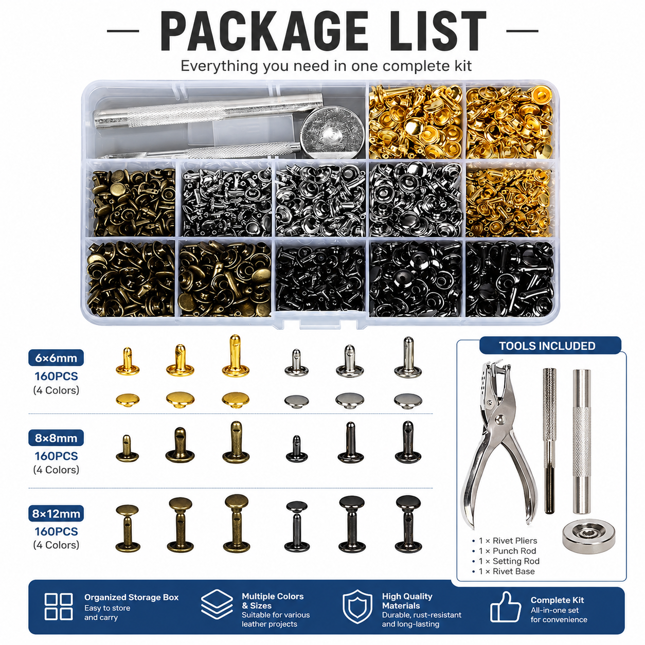 484PCS Double Cap Leather Rivet Kit Metal Studs Punch Tool Set DIY