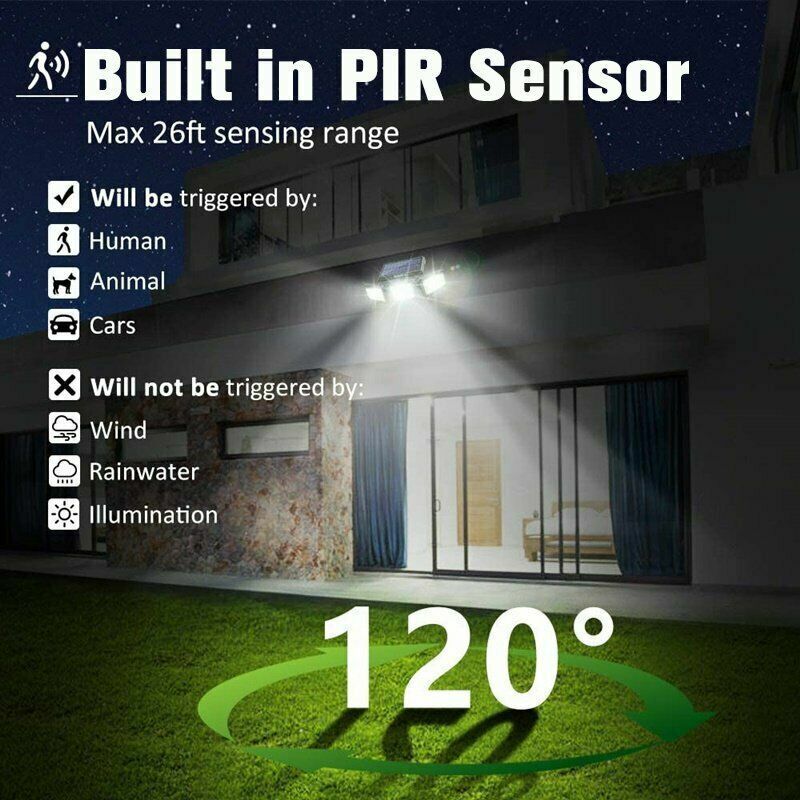 3 Head 100LEDs Solar Motion Sensor Light Outdoor Garden Wall Security Flood Lamp