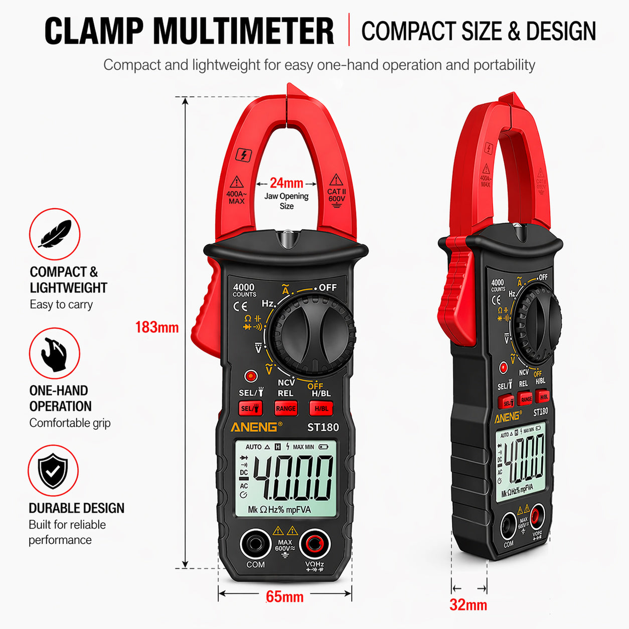Smart Clamp Meter 4000 Counts 24mm Jaw Digital Multimeter Tester
