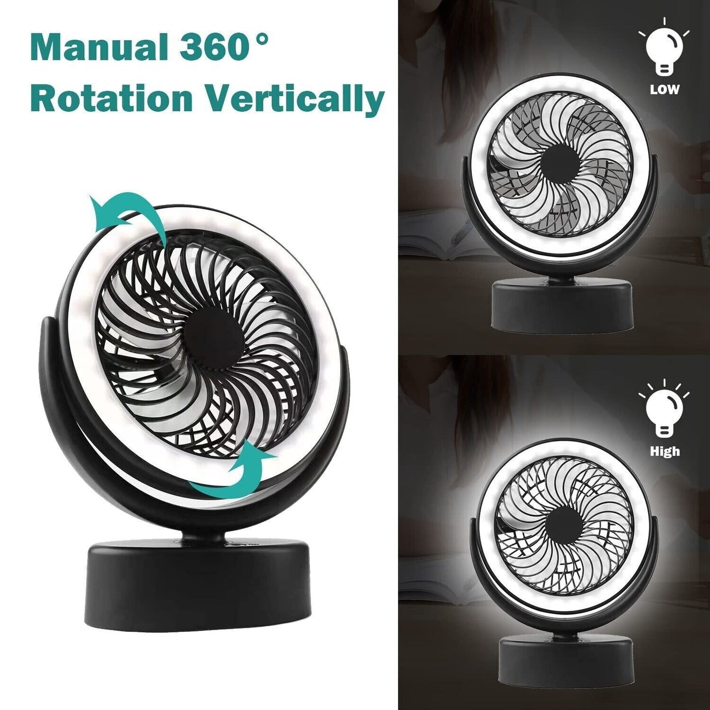 Portable 360° Mini Fan Travel Rechargeable USB Clip On Desk Fan With Light Au