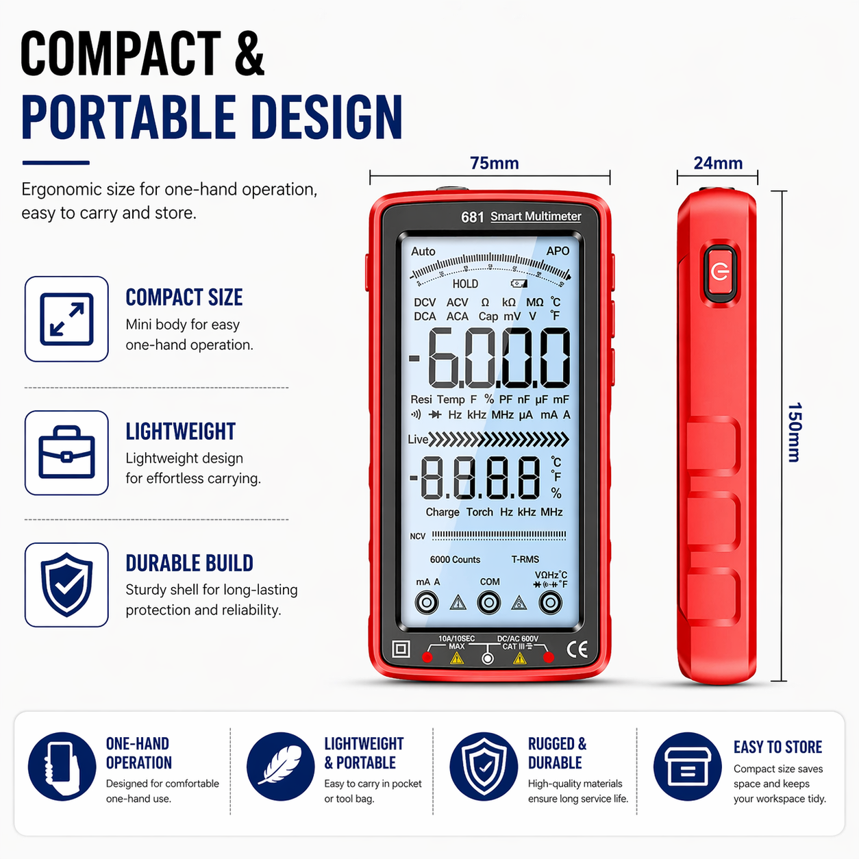 6000 Count Digital Multimeter Auto Range AC DC Voltage Tester Kit