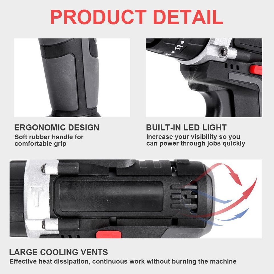 Electric Cordless Drill Driver Tools Screwdriver Set with /2 Lithium Batteries