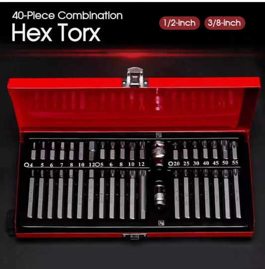 40-Piece Combination Hex Torx and Spline Socket Bits Set Metal Storage Box Set