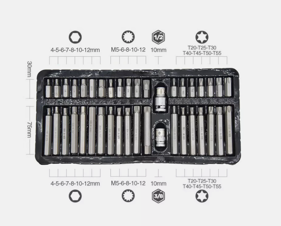 40-Piece Combination Hex Torx and Spline Socket Bits Set Metal Storage Box Set