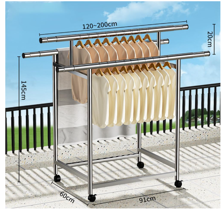 Stainless Steel Clothes Airer - Extra Large Folding Drying Rack with Adjustable Hanging Pole (120-200cm)