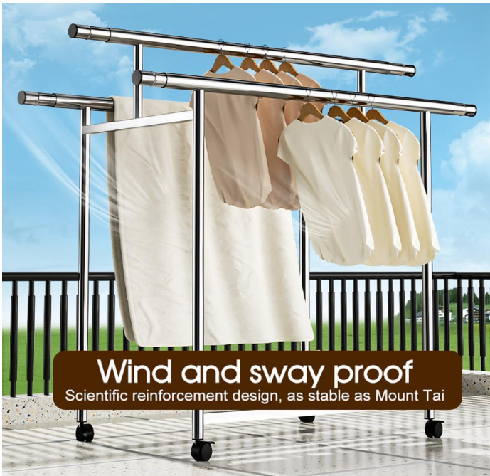 Stainless Steel Clothes Airer - Extra Large Folding Drying Rack with Adjustable Hanging Pole (120-200cm)