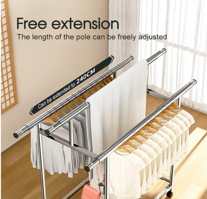 Stainless Steel Clothes Airer - Extra Large Folding Drying Rack with Adjustable Hanging Pole (120-200cm)