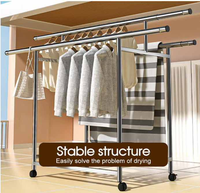 Stainless Steel Clothes Airer - Extra Large Folding Drying Rack with Adjustable Hanging Pole (120-200cm)
