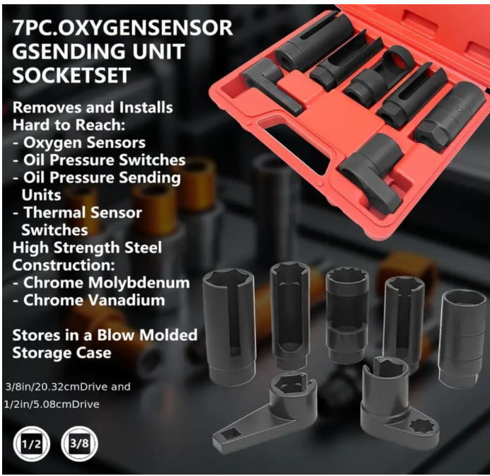 7-Piece Oxygen Sensor Socket Kit | Universal O2 Sensor Removal & Installation Tool Set | 22mm, 27mm, 29mm Sockets