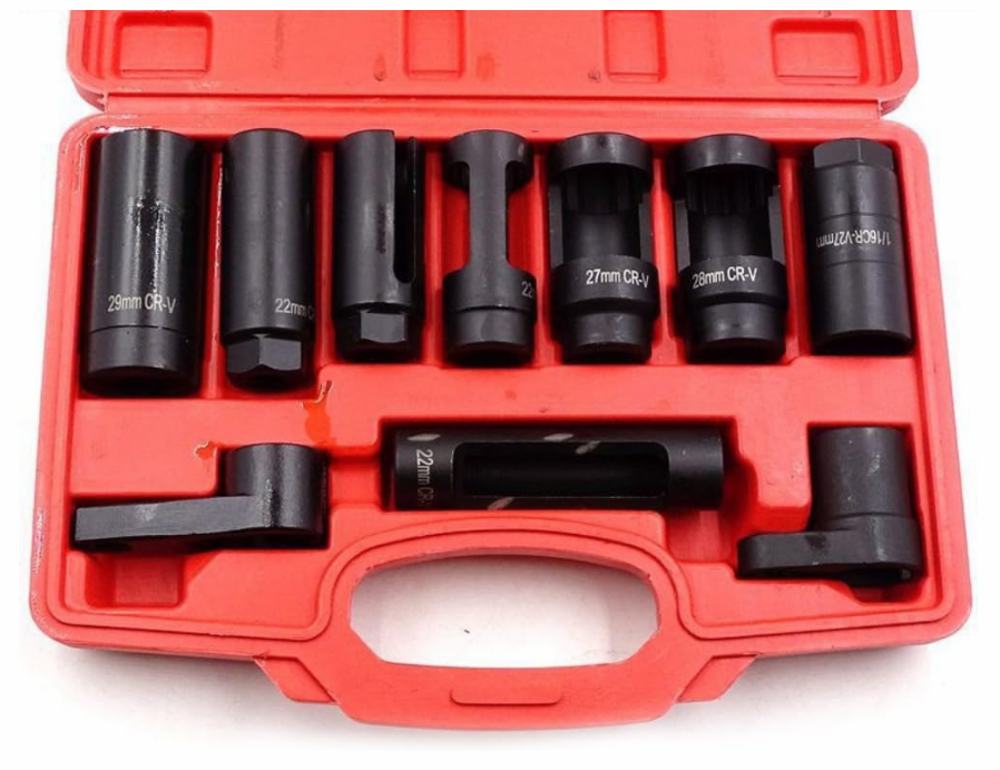 10pcs Oxygen Sensor Socket Set - Steel O2 Sensor Wrench Remover, 3/8" & 1/2" Drive, 7/8", 22mm, 27mm, 28mm, 29mm Hexagonal Head