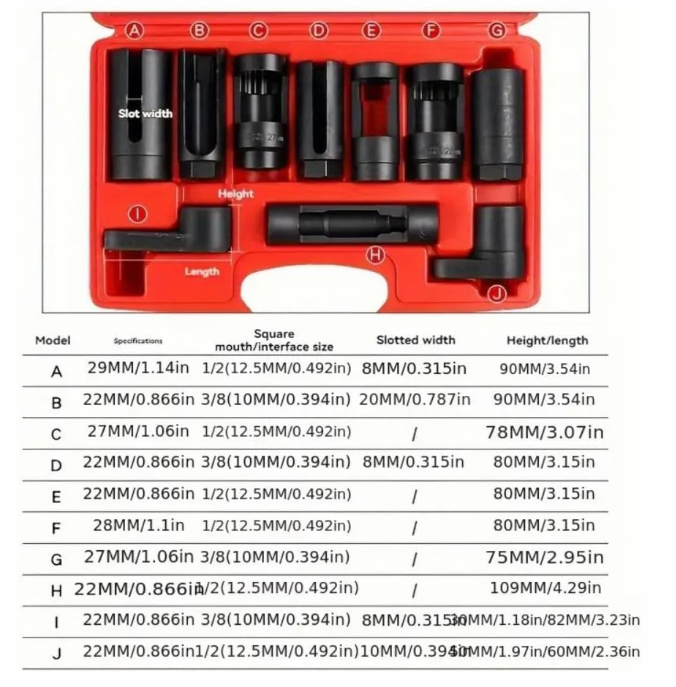 10pcs Oxygen Sensor Socket Set - Steel O2 Sensor Wrench Remover, 3/8" & 1/2" Drive, 7/8", 22mm, 27mm, 28mm, 29mm Hexagonal Head