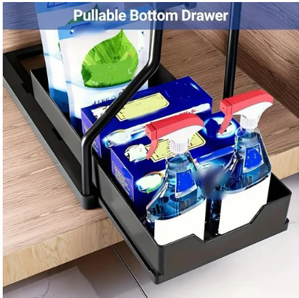 2-Tier Pull-Out Cabinet Organizer - Space-Saving Kitchen Drawer with Large Capacity