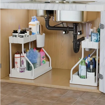 2-Tier Pull-Out Cabinet Organizer - Space-Saving Kitchen Drawer with Large Capacity