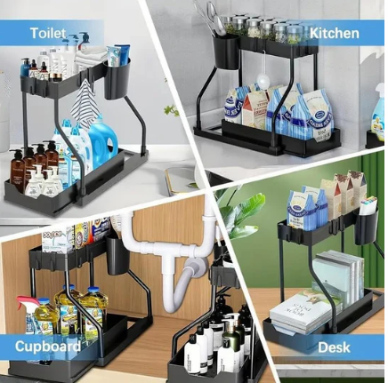 2-Tier Pull-Out Cabinet Organizer - Space-Saving Kitchen Drawer with Large Capacity