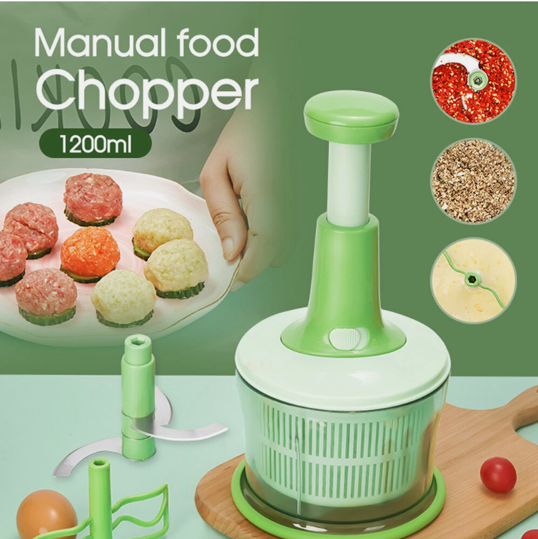 Manual Food Chopper 1200ML – Hand Pull Meat Grinder, Veg Slicer, Dumpling Filler