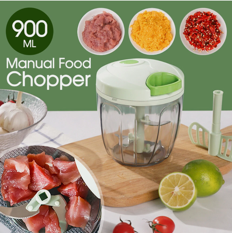 900ML Manual Food Chopper – Garlic Onion Crusher with Plastic Mixer Blade