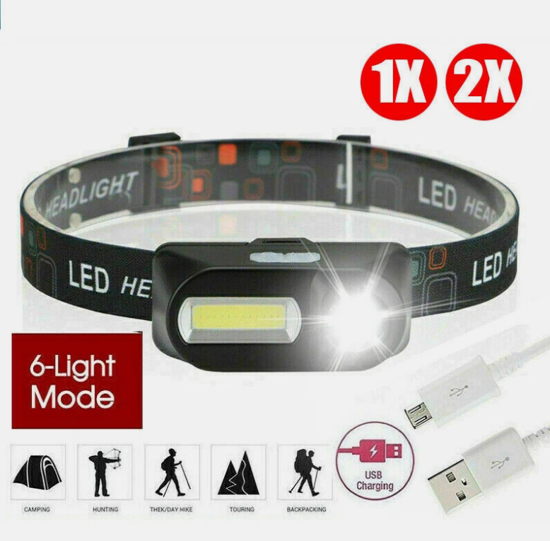 2X Bright Waterproof HeadTorch Headlight LED USB Rechargeable Headlamp Fish
